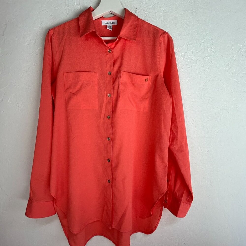 Calvin Klein Womens Coral Button-Up Long Sleeve Tunic Shirt Small Casual Pockets